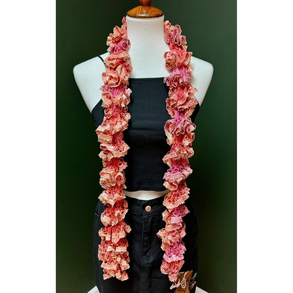 Ruffled Crochet‎ Pink and Orange Rosette Lightweight Knit Scarf